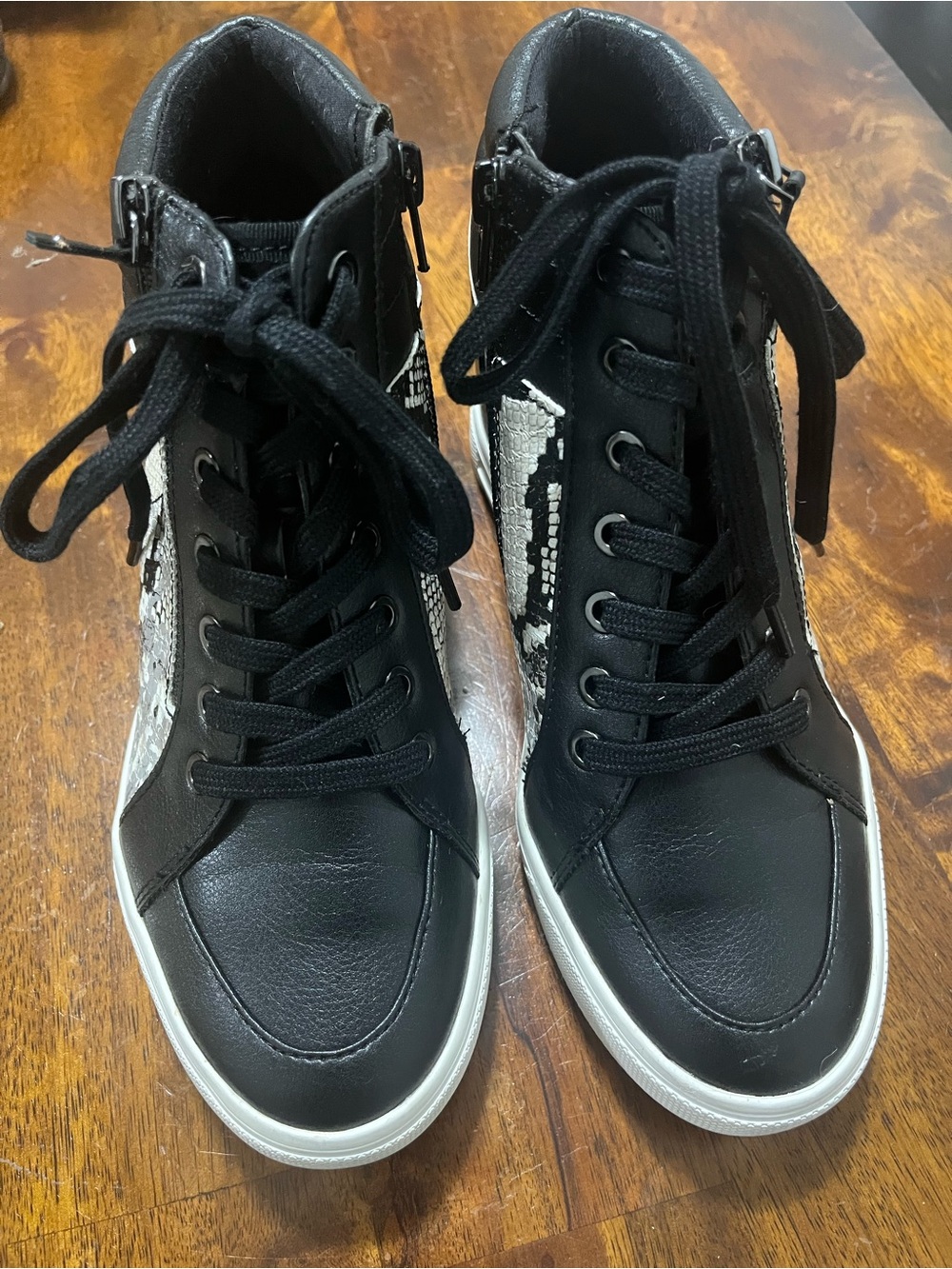 Women’s Aldo Black High-Top Wedge Sneakers with Silver Snake-Print Panels